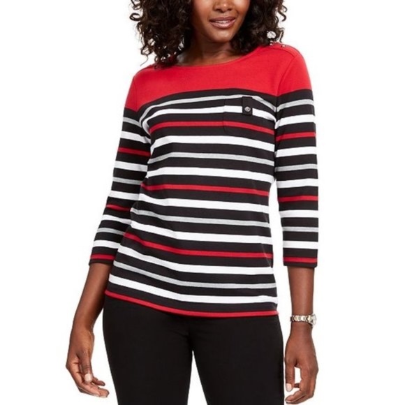 Karen Scott Sport Striped 3/4-Sleeve Top - Picture 1 of 6